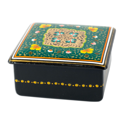 Lacquered wood jewellery box, 'The Green Aral Flowers' - Folk Art Floral Lacquered Walnut Wood jewellery Box in Green