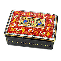 Lacquered wood jewelry box, 'Red Window to the Silk Road' - Hand-Painted Lacquered Walnut Wood Jewelry Box in Red Hues