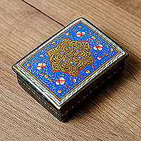 Lacquered wood jewelry box, 'Blue Window to the Silk Road' - Hand-Painted Lacquered Walnut Wood Jewelry Box in Blue Hues