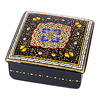 Lacquered wood jewelry box, 'The Night Aral Flowers' - Handcrafted Lacquered Floral Black Walnut Wood Jewelry Box
