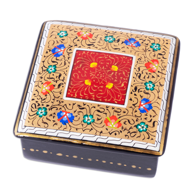 Lacquered wood jewelry box, 'The Golden-Red Secret' - Handcrafted Lacquered Golden and Red Walnut Wood Jewelry Box