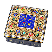 Lacquered wood jewelry box, 'The Golden-Blue Secret' - Handmade Lacquered Golden and Blue Walnut Wood Jewelry Box
