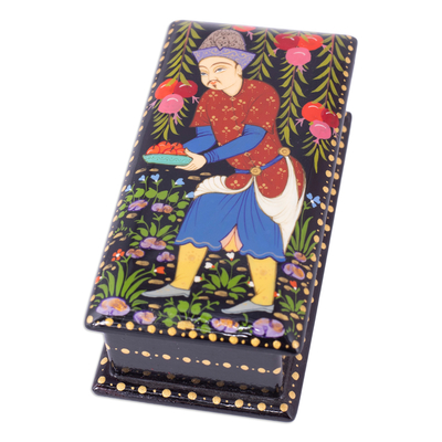 Lacquered wood jewellery box, 'The Farmer' - Painted Black Walnut Wood jewellery Box with Farmer Scene