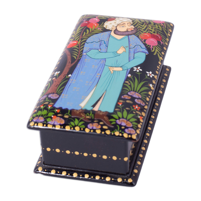 Lacquered wood jewelry box, 'The Musician' - Painted Black Walnut Wood Jewelry Box with Musician Scene