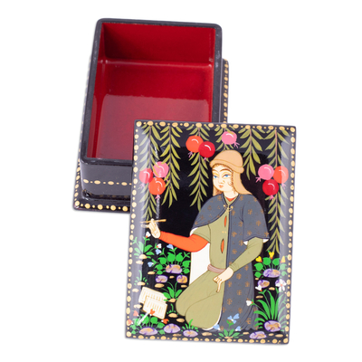 Lacquered wood jewelry box, 'Memories from the Poet' - Handmade Lacquered Walnut Wood Jewelry Box with Poet Scene