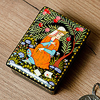 Lacquered wood jewelry box, 'Memories from the Princess' - Lacquered Walnut Wood Jewelry Box with Princess Scene