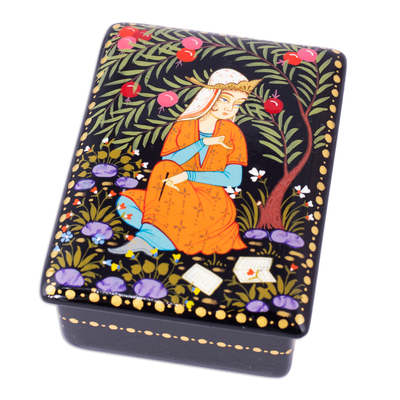 Lacquered wood jewelry box, 'Memories from the Princess' - Lacquered Walnut Wood Jewelry Box with Princess Scene