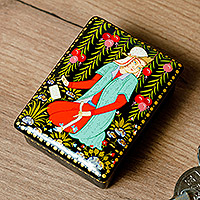 Lacquered wood jewelry box, 'Memories from the Maiden' - Lacquered Walnut Wood Jewelry Box with Maiden Scene