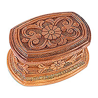 Wood jewelry box, 'Flowers from Uzbekistan' - Hand-Carved Floral Elm Tree Wood Jewelry Box from Uzbekistan