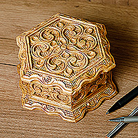 Wood jewelry box, 'Flourishing Treasure' - Hand-Carved Floral Hexagonal Elm Tree Wood Jewelry Box