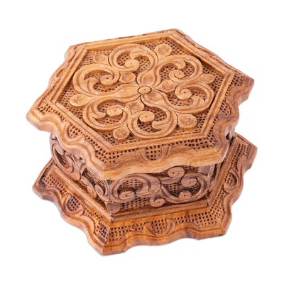 Joyero de madera - Joyero de madera de olmo hexagonal floral tallado a mano