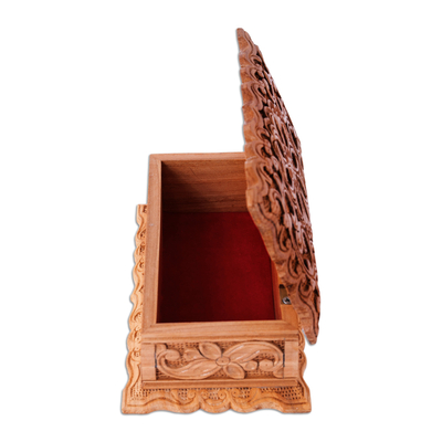 Joyero de madera - Joyero de madera de olmo marrón natural floral tallado a mano