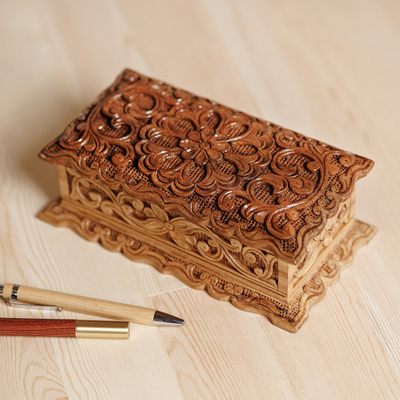 Wood jewellery box, 'Secret Bouquet' - Hand-Carved Floral Natural Brown Elm Tree Wood jewellery Box