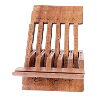 Wood book holder, 'Stories from the Silk Road' - Handcrafted Elm Tree Wood Book Holder in a Polished Finish