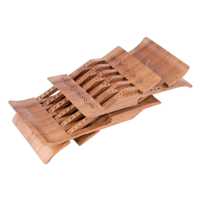 Wood folding book holder, 'Stories from the Silk Road' - Handcrafted Elm Tree Wood Book Holder in a Polished Finish