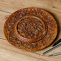 Wood relief panel, 'Spring on the Silk Road' - Hand-Carved Floral Round Brown Elm Tree Wood Relief Panel