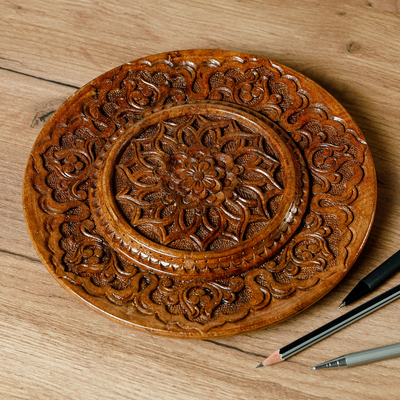 Panel en relieve de madera - Panel de relieve de madera de olmo marrón redondo floral tallado a mano