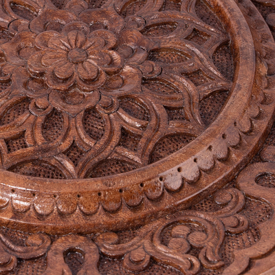Panel en relieve de madera - Panel de relieve de madera de olmo marrón redondo floral tallado a mano