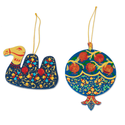 Lacquered wood ornaments, 'Camel and Pomegranate' (pair) - Pair of Lacquered Wood Camel and Pomegranate Ornaments