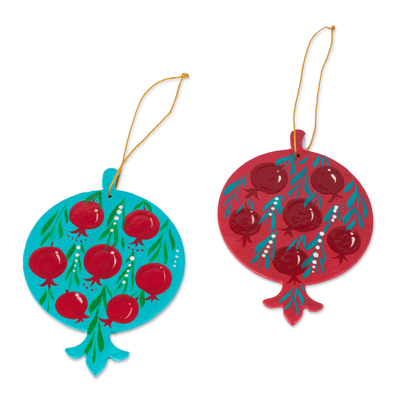 Lacquered wood ornaments, 'Splendid Pomegranates' (pair) - Pair of Lacquered Wood Pomegranate Ornaments from Uzbekistan