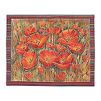 Wandbehang aus Baumwolle und Seide, „Poppy Field“ – handbemalter Wandbehang mit Mohnblumenmotiv in Orangetönen