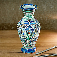 Ceramic vase, 'Peacock's Tail' - Uzbek Ceramic Vase Hand-Painted with Peacock's Tail Motif