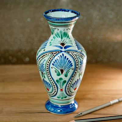 Jarrón de ceramica - Jarrón de cerámica uzbeco pintado a mano con motivo de cola de pavo real