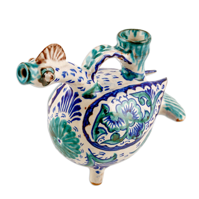 Ceramic whistling vessel, 'Duck Sounds' - Uzbek Hand-Painted Ceramic Duck-Shaped Whistling Vessel