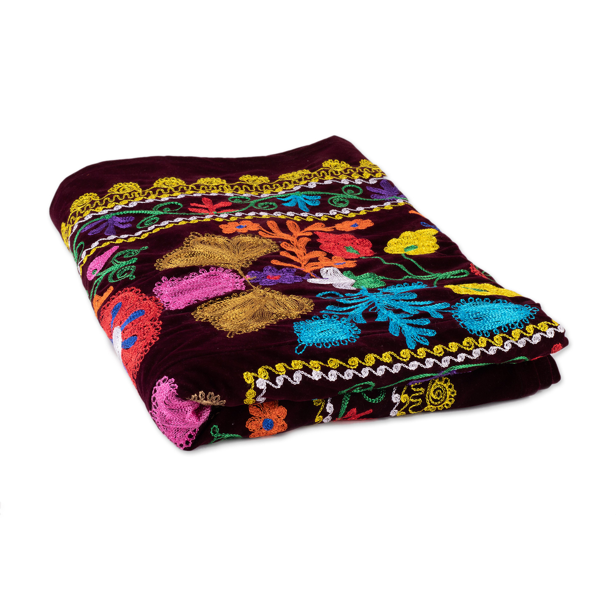 Traditional Floral Embroidered Silk Bedspread (Twin) Suzani Magic