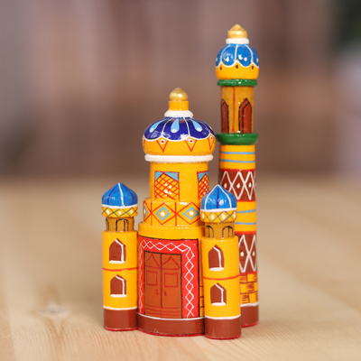 Wood figurine, 'Dushanbe Minarets' - Hand-Painted Traditional Pine and Birch Wood Minarets