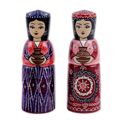 Figuritas de madera, (juego de 2) - Conjunto de dos figuras de madera de niñas tradicionales en azul y rojo