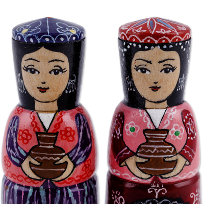 Wood figurines, 'Dushanbe Dames' (set of 2) - Set of Two Blue and Red Wood Figurines of Traditional Girls