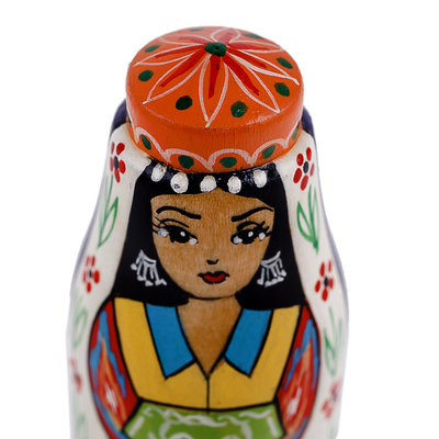 Wood figurine, 'Tajikistan's Bride' - Hand-Painted Traditional Pine and Birch Wood Bride Figurine