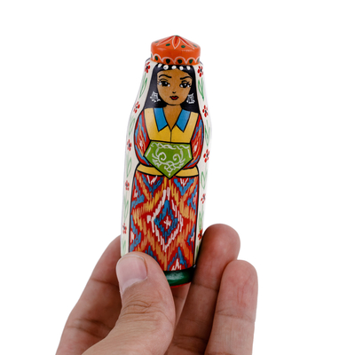 Wood figurine, 'Tajikistan's Bride' - Hand-Painted Traditional Pine and Birch Wood Bride Figurine