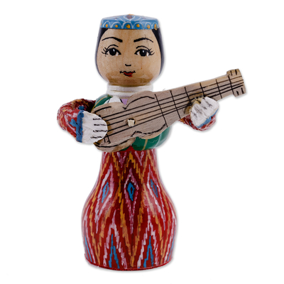 estatuilla de madera - Figura tradicional de madera roja pintada de niña y Tanbur