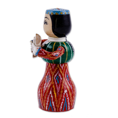 estatuilla de madera - Figura tradicional de madera roja pintada de niña y Tanbur