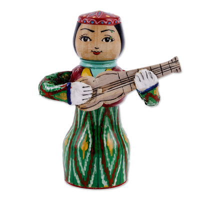 Wood figurine, 'Tanbur Green Rhythms' - Painted Traditional Green Wood Figurine of Girl and Tanbur