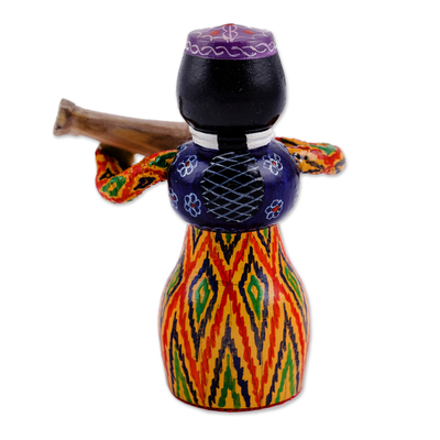 Wood figurine, 'Tanbur Warm Rhythms' - Painted Traditional Vibrant Wood Figurine of Girl and Tanbur