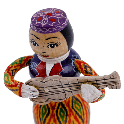 Wood figurine, 'Tanbur Warm Rhythms' - Painted Traditional Vibrant Wood Figurine of Girl and Tanbur