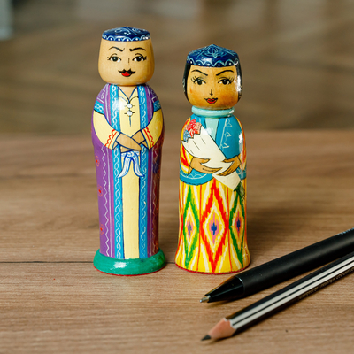 Wood figurines, 'Magnificent Marriage' (set of 2) - Set of 2 Painted Colorful Wood Bride and Groom Figurines