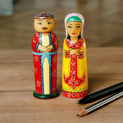 Wood figurines, 'Majestic Marriage' (set of 2) - Set of 2 Yellow and Red Wood Bride and Groom Figurines