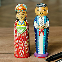 Wood figurines, 'Splendorous Marriage' (set of 2) - Set of 2 Red and Blue Wood Bride and Groom Figurines