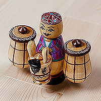 Figura de madera, 'Vendedor tayiko' - Figura de madera tradicional pintada de comerciante y burro tayikos