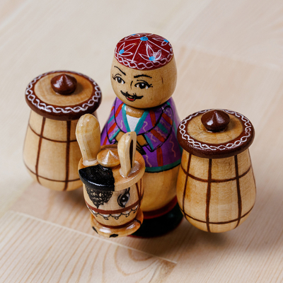 Holzfigur - Bemalte traditionelle Holzfigur eines tadschikischen Kaufmanns und Esels