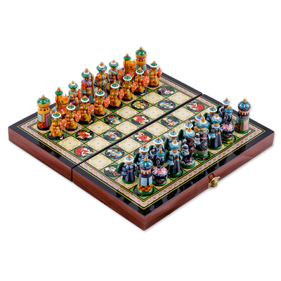 Lacquered wood chess set, 'Tajikistan Strategist' - Handcrafted Classic Lacquered Wood Chess Set from Tajikistan