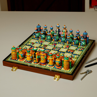Lacquered wood chess set, 'Tajikistan Intellectual' - Traditional Painted Lacquered Wood Chess Set from Tajikistan
