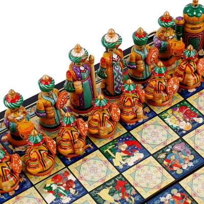 Lacquered wood chess set, 'Tajikistan Intellectual' - Traditional Painted Lacquered Wood Chess Set from Tajikistan
