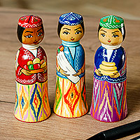 Wood figurines, 'Tajikistan Ladies' (set of 3) - Set of 3 Handcrafted Traditional Multicolor Wood Figurines