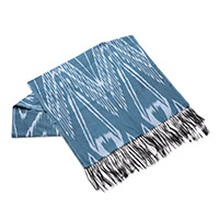Silk ikat scarf, 'Stylish Blue' - Hand-Woven Fringed Silk Ikat Scarf in Blue from Uzbekistan