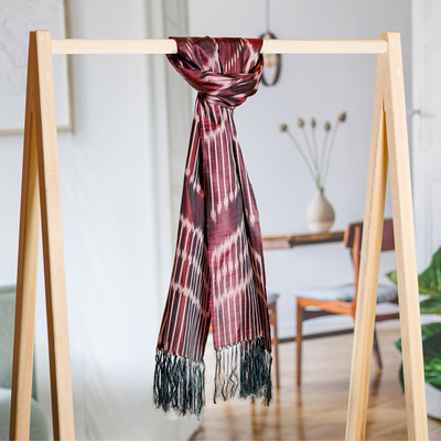 Silk ikat scarf, 'Stylish Burgundy' - Burgundy Hand-Woven Fringed Silk Ikat Scarf from Uzbekistan